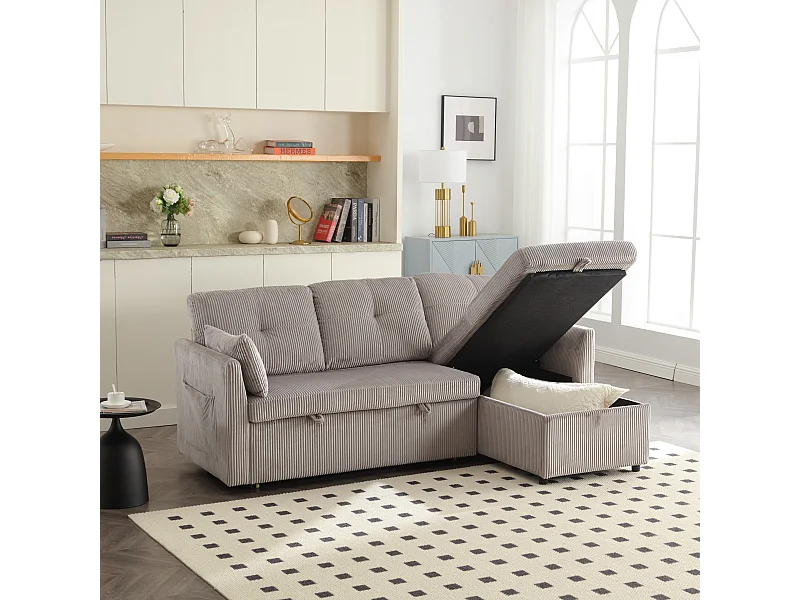 Sofá esquinero convertible de felpa gris con espacio de almacenamiento y chaise longue extraíble - para sala de estar o estudio
