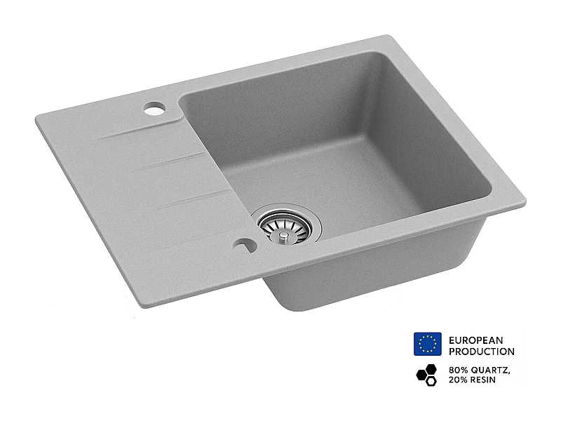 Evier rectangulaire RIVE GRIS en granit premium - 1 Bac avec égouttoir et vidage inclus