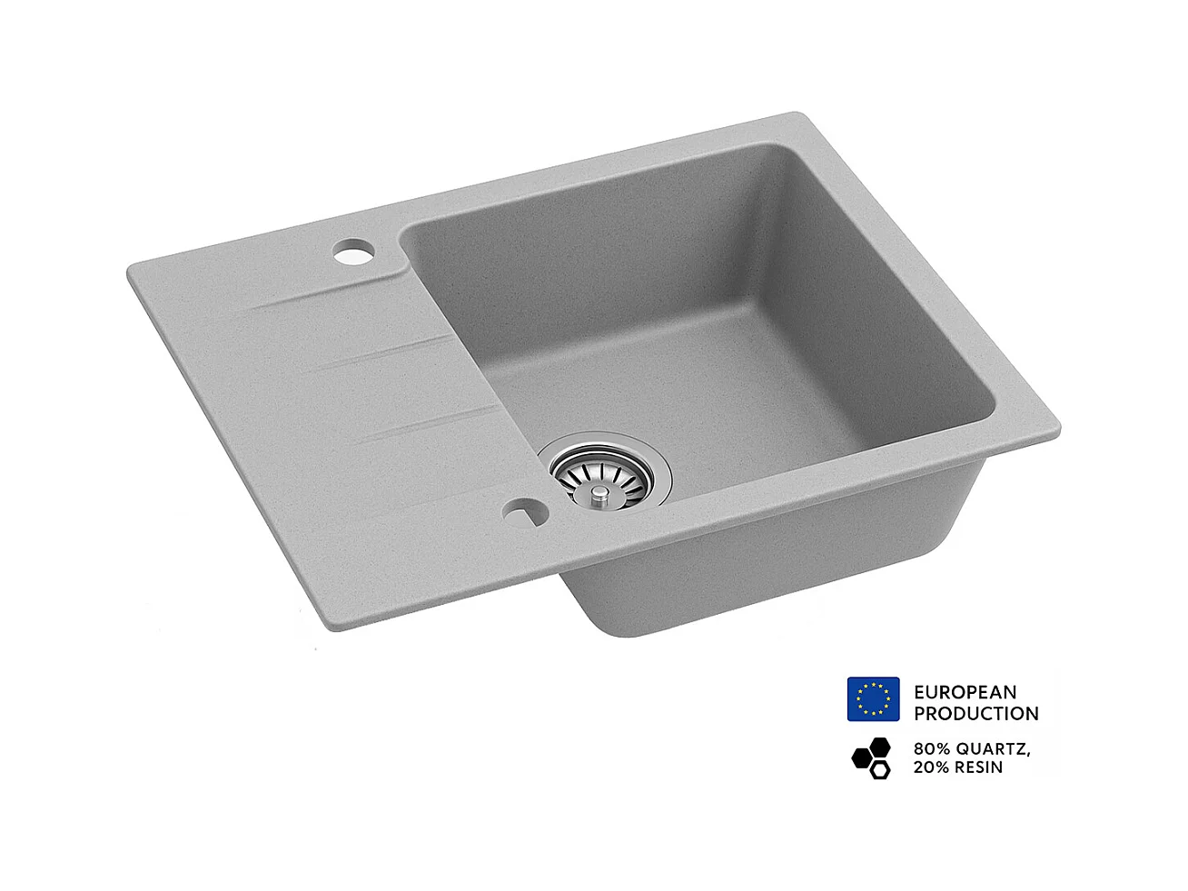 Evier rectangulaire RIVE GRIS en granit premium - 1 Bac avec égouttoir et vidage inclus