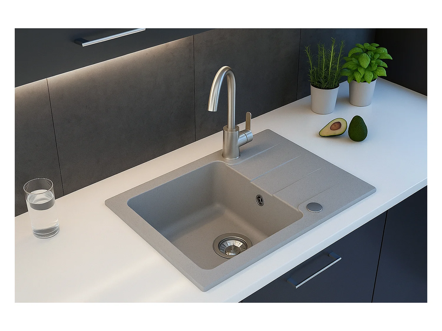 Evier rectangulaire RIVE GRIS en granit premium - 1 Bac avec égouttoir et vidage inclus