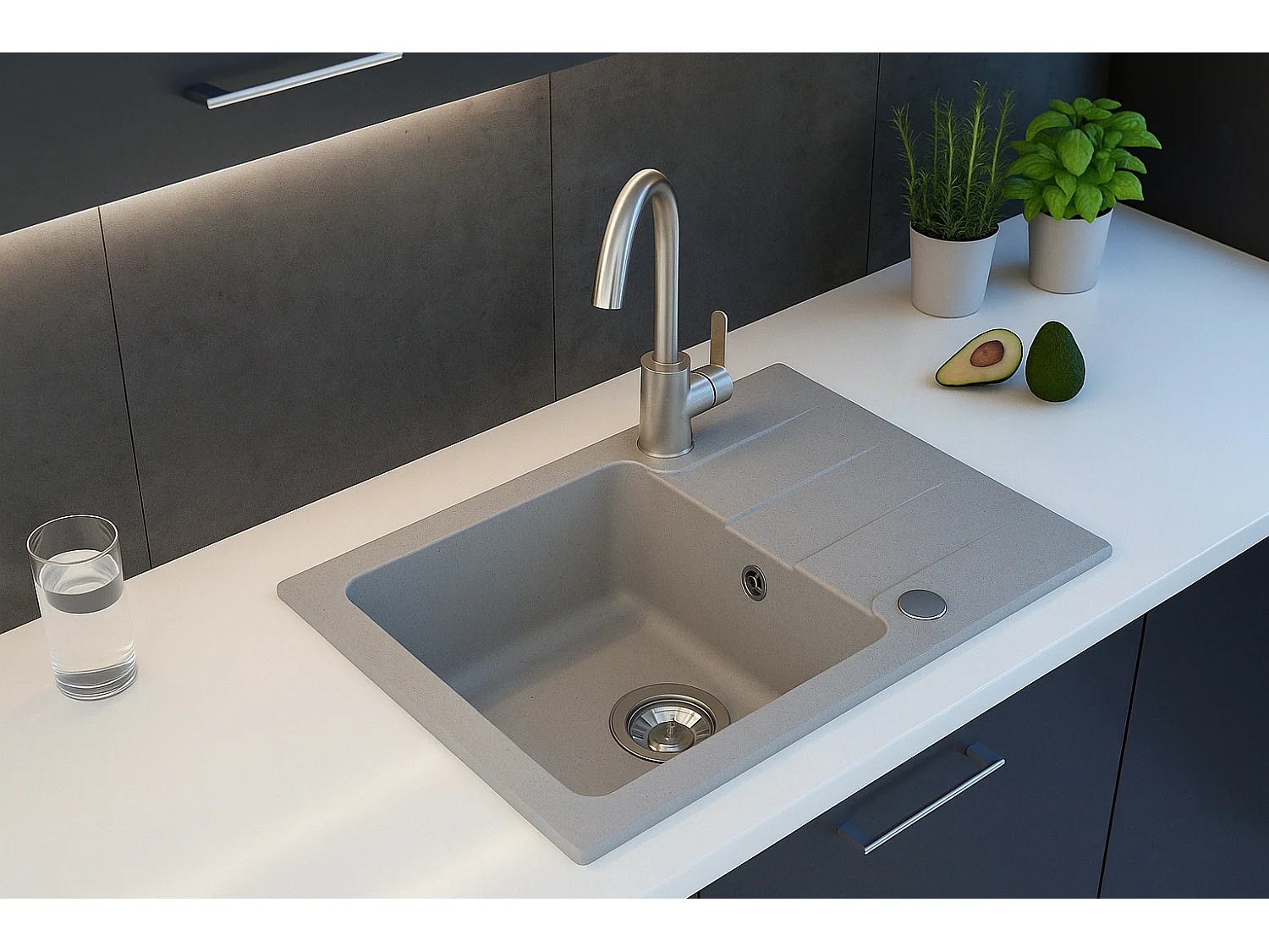 Evier rectangulaire RIVE GRIS en granit premium - 1 Bac avec égouttoir et vidage inclus