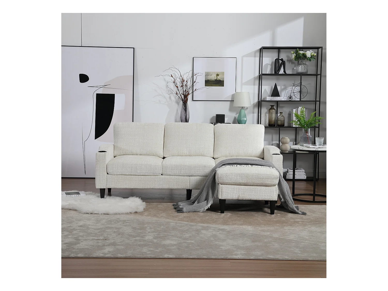 Divano modulare a 4 posti in ciniglia beige con pouf contenitore, portabicchieri e tasche laterali - per soggiorno