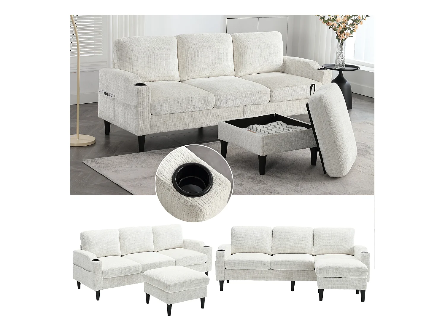 Divano modulare a 4 posti in ciniglia beige con pouf contenitore, portabicchieri e tasche laterali - per soggiorno