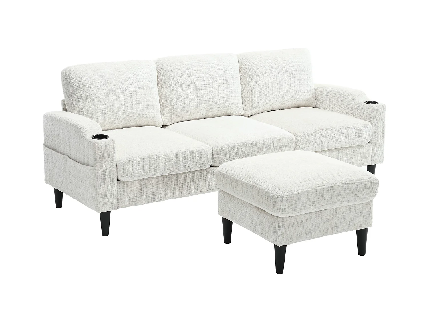 Divano modulare a 4 posti in ciniglia beige con pouf contenitore, portabicchieri e tasche laterali - per soggiorno