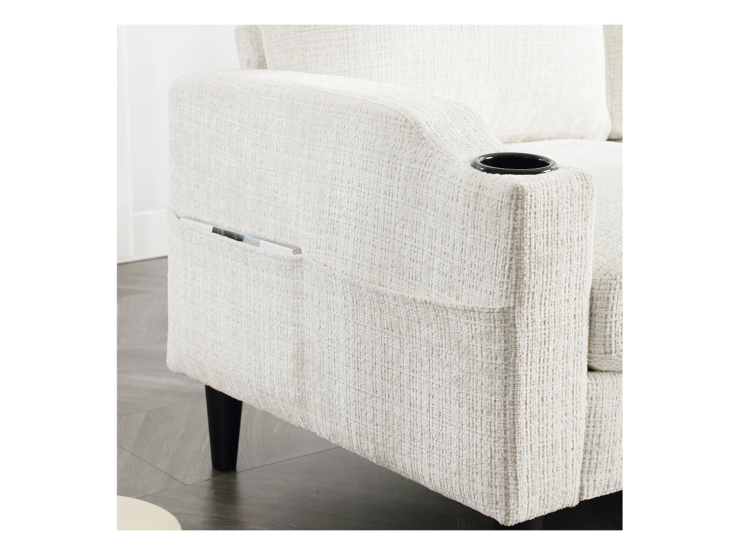 Divano modulare a 4 posti in ciniglia beige con pouf contenitore, portabicchieri e tasche laterali - per soggiorno