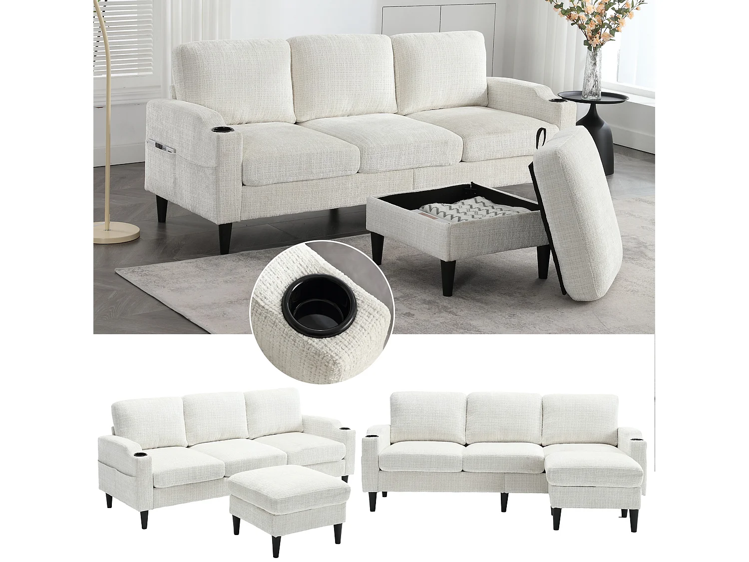 Beige Chenille 4-zits modulaire bank met opbergpoef, bekerhouders en zijzakken - voor de woonkamer