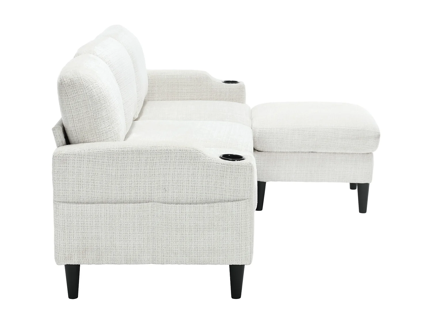 Beige Chenille 4-zits modulaire bank met opbergpoef, bekerhouders en zijzakken - voor de woonkamer