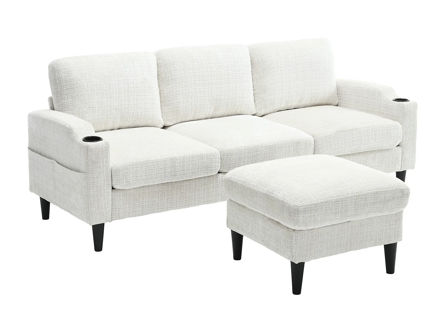 Beige Chenille 4-zits modulaire bank met opbergpoef, bekerhouders en zijzakken - voor de woonkamer