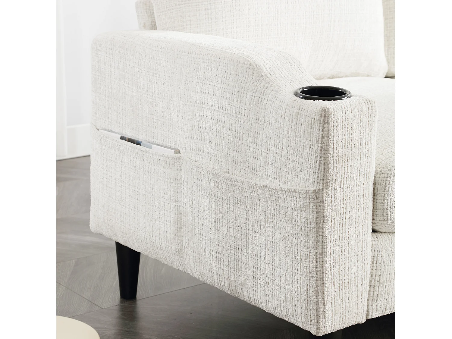 Beige Chenille 4-zits modulaire bank met opbergpoef, bekerhouders en zijzakken - voor de woonkamer