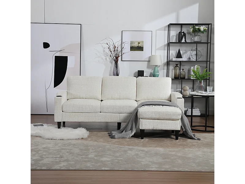 Beige Chenille 4-zits modulaire bank met opbergpoef, bekerhouders en zijzakken - voor de woonkamer