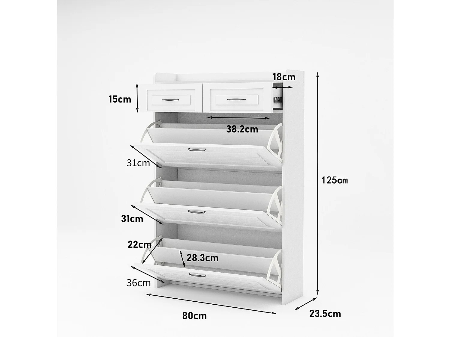 Witte schoenenkast met 3 kleppen en 2 lades, modern design - voor hal of woonkamer