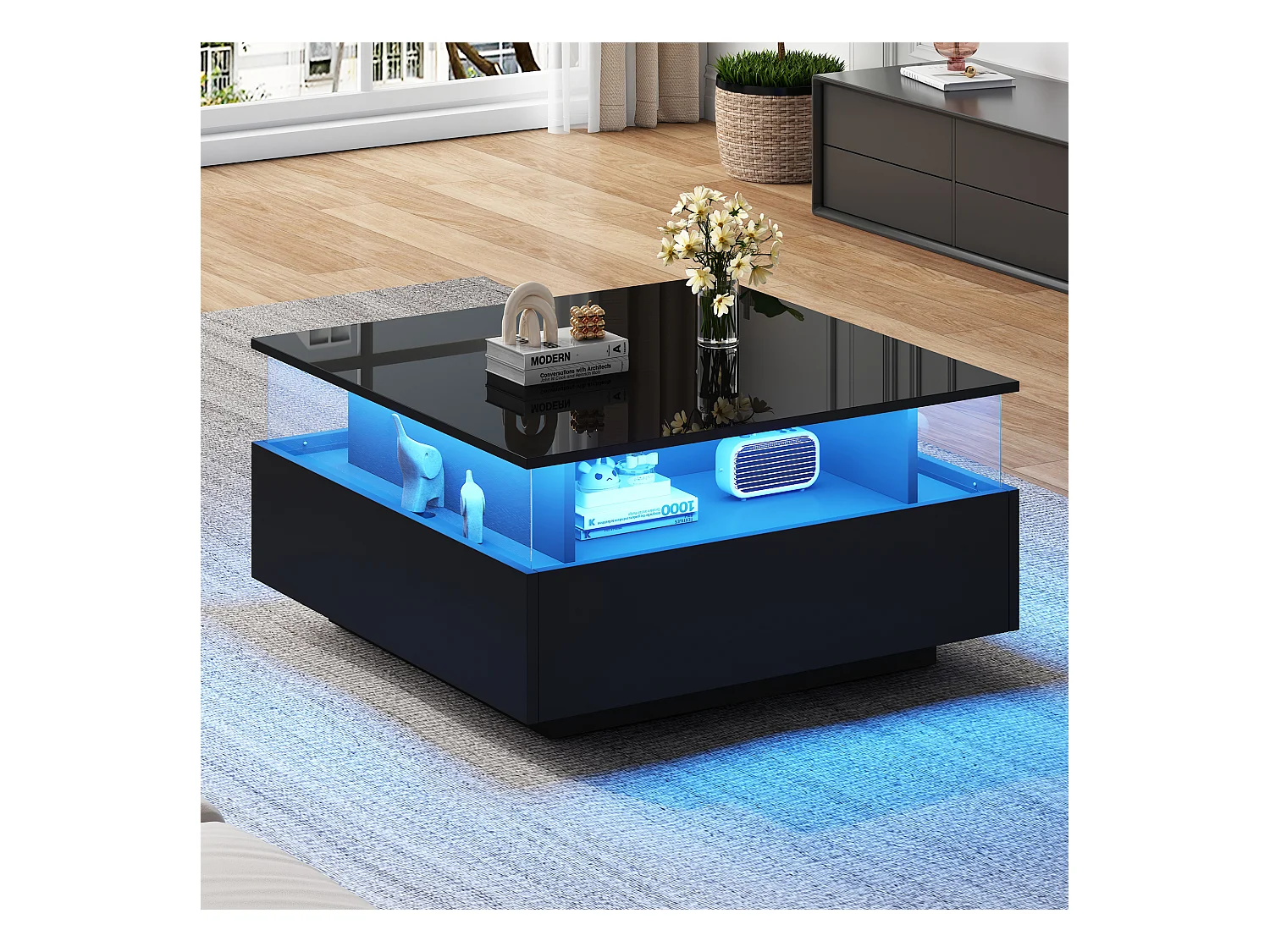 Schwarzer LED-Couchtisch mit 2 Schubladen und transparenter Blende – für Wohnzimmer und Büro