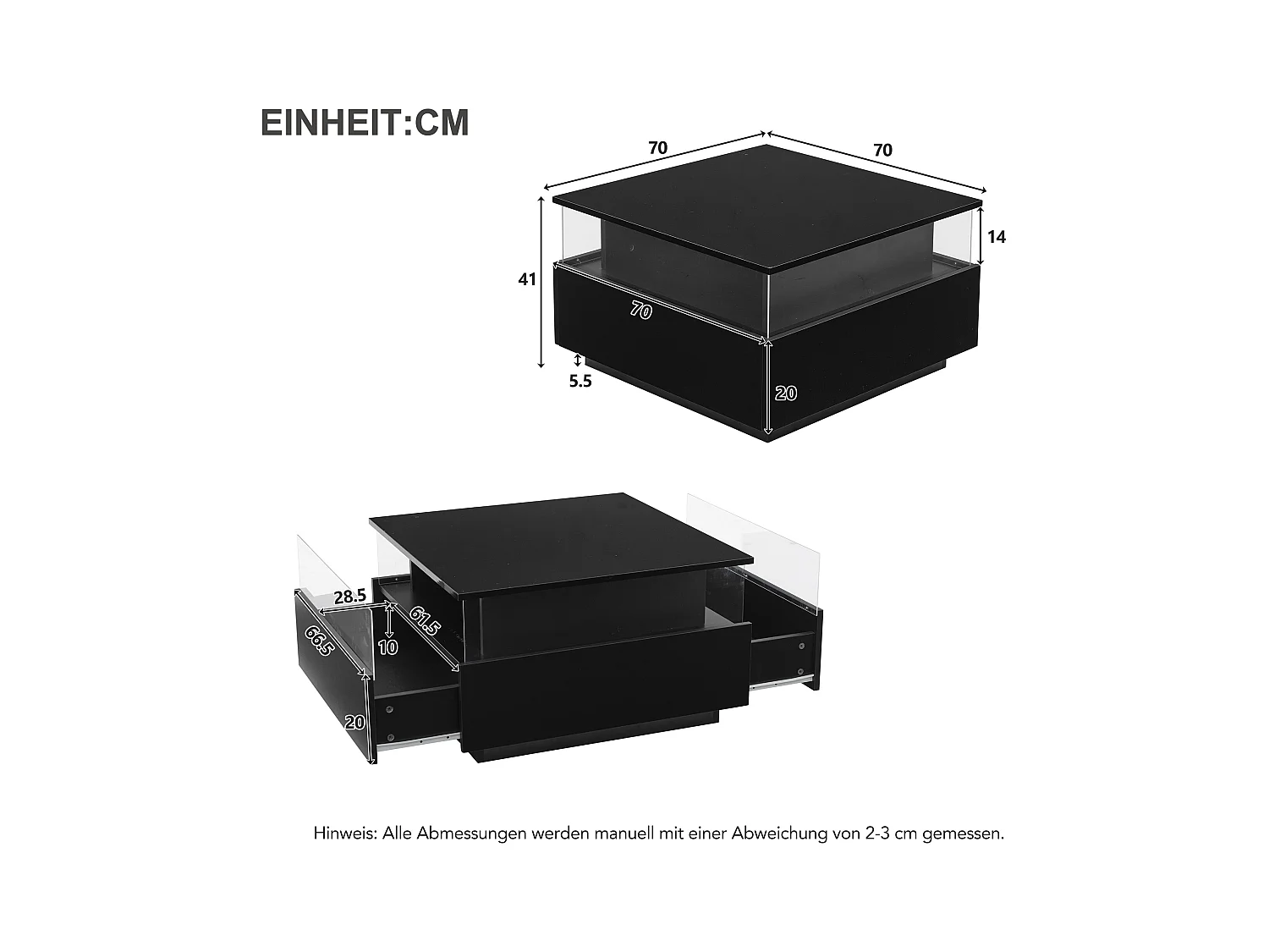 Schwarzer LED-Couchtisch mit 2 Schubladen und transparenter Blende – für Wohnzimmer und Büro