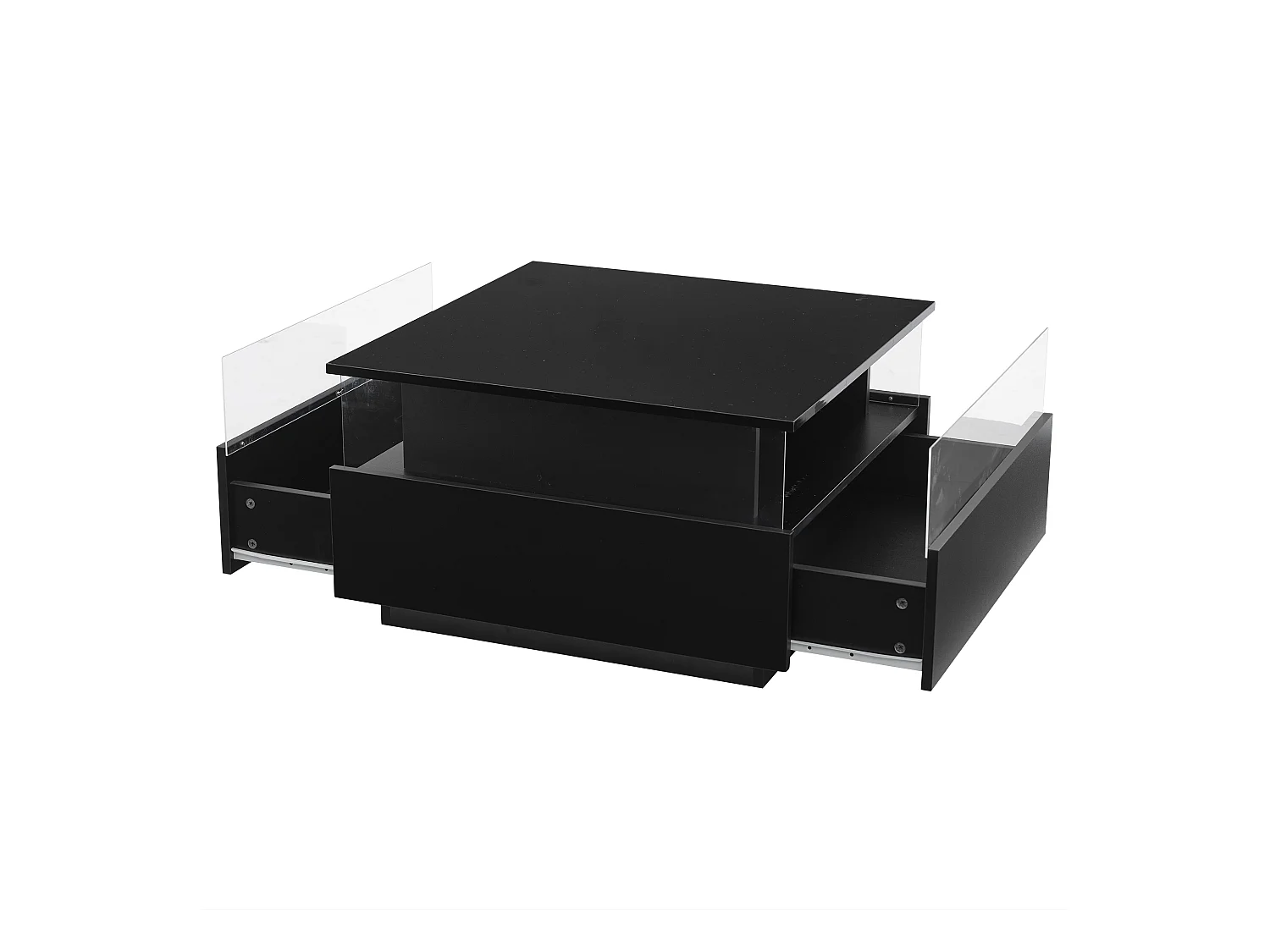 Schwarzer LED-Couchtisch mit 2 Schubladen und transparenter Blende – für Wohnzimmer und Büro