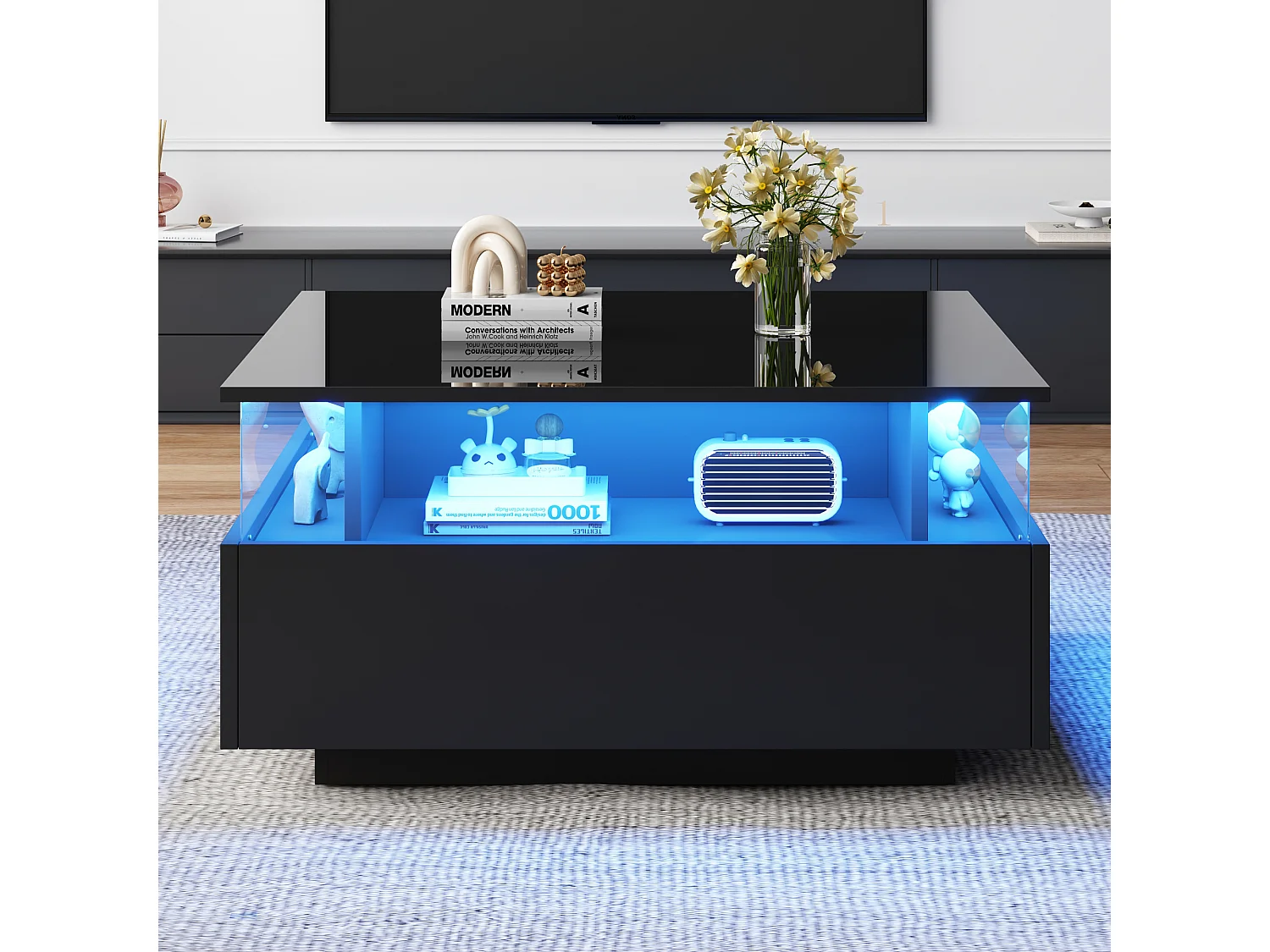 Table basse LED noir avec 2 tiroirs et déflecteur transparent - pour  salon et bureau