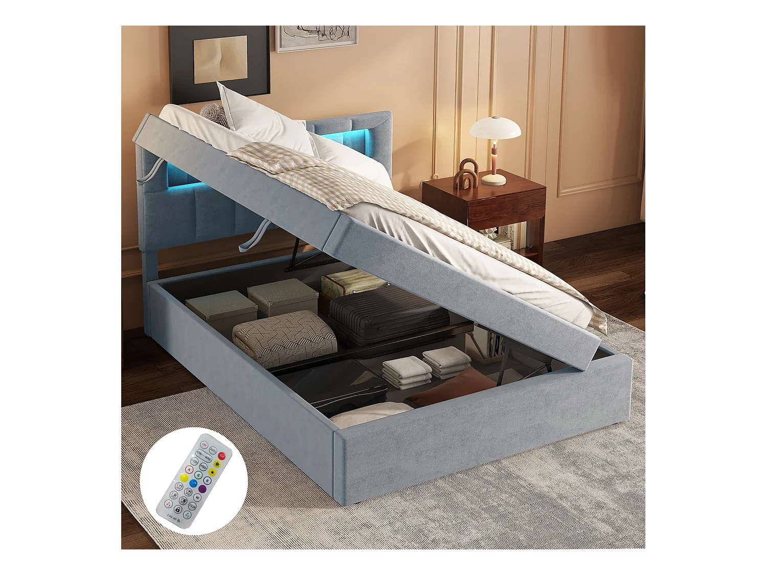 Lit coffre 90x200 cm, velours gris, Lit adulte avec tête de lit capitonnée et éclairage LED, sans matelas