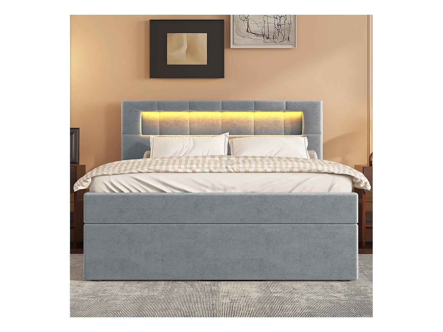 Lit coffre 90x200 cm, velours gris, Lit adulte avec tête de lit capitonnée et éclairage LED, sans matelas