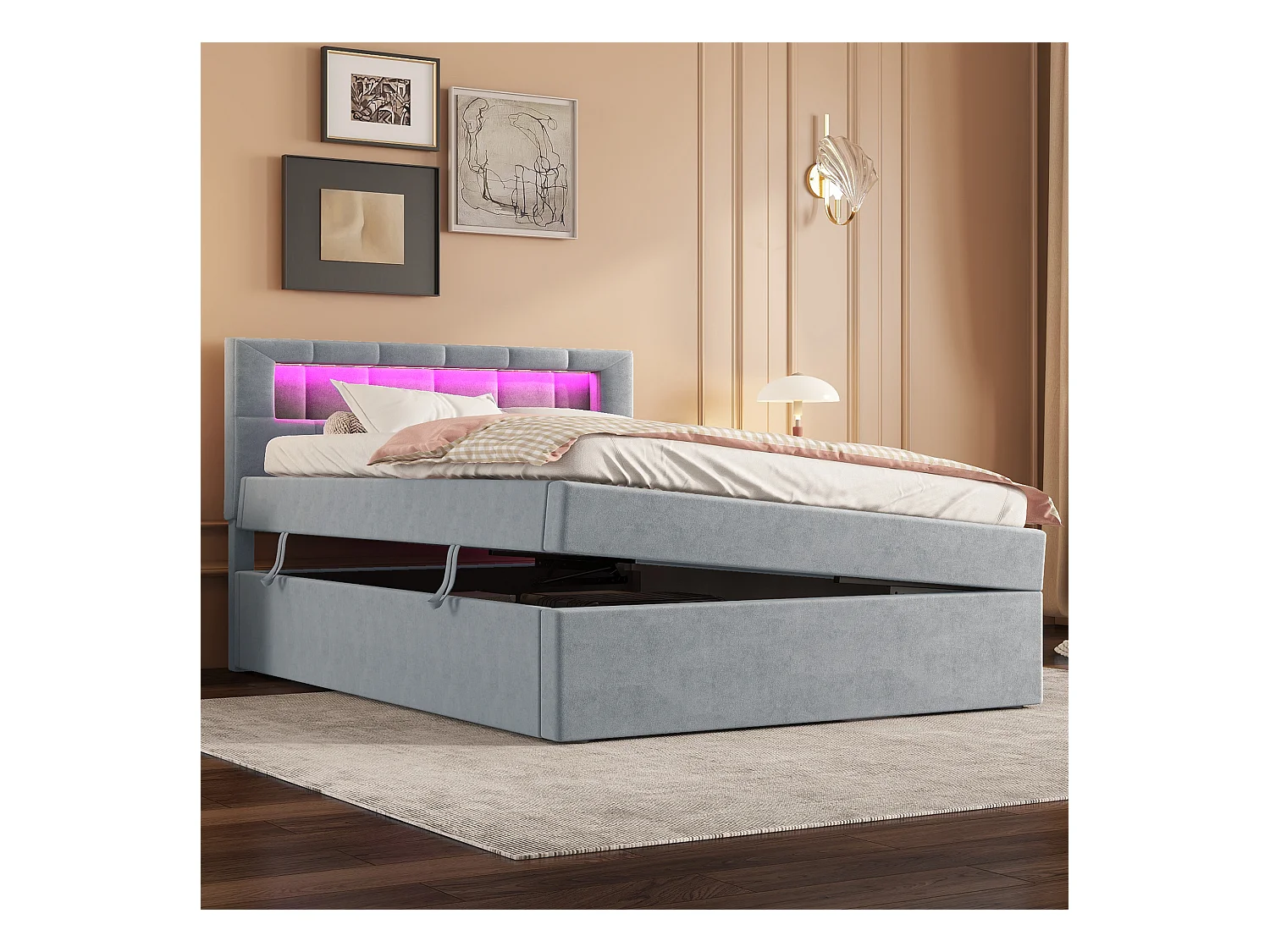 Lit coffre 90x200 cm, velours gris, Lit adulte avec tête de lit capitonnée et éclairage LED, sans matelas