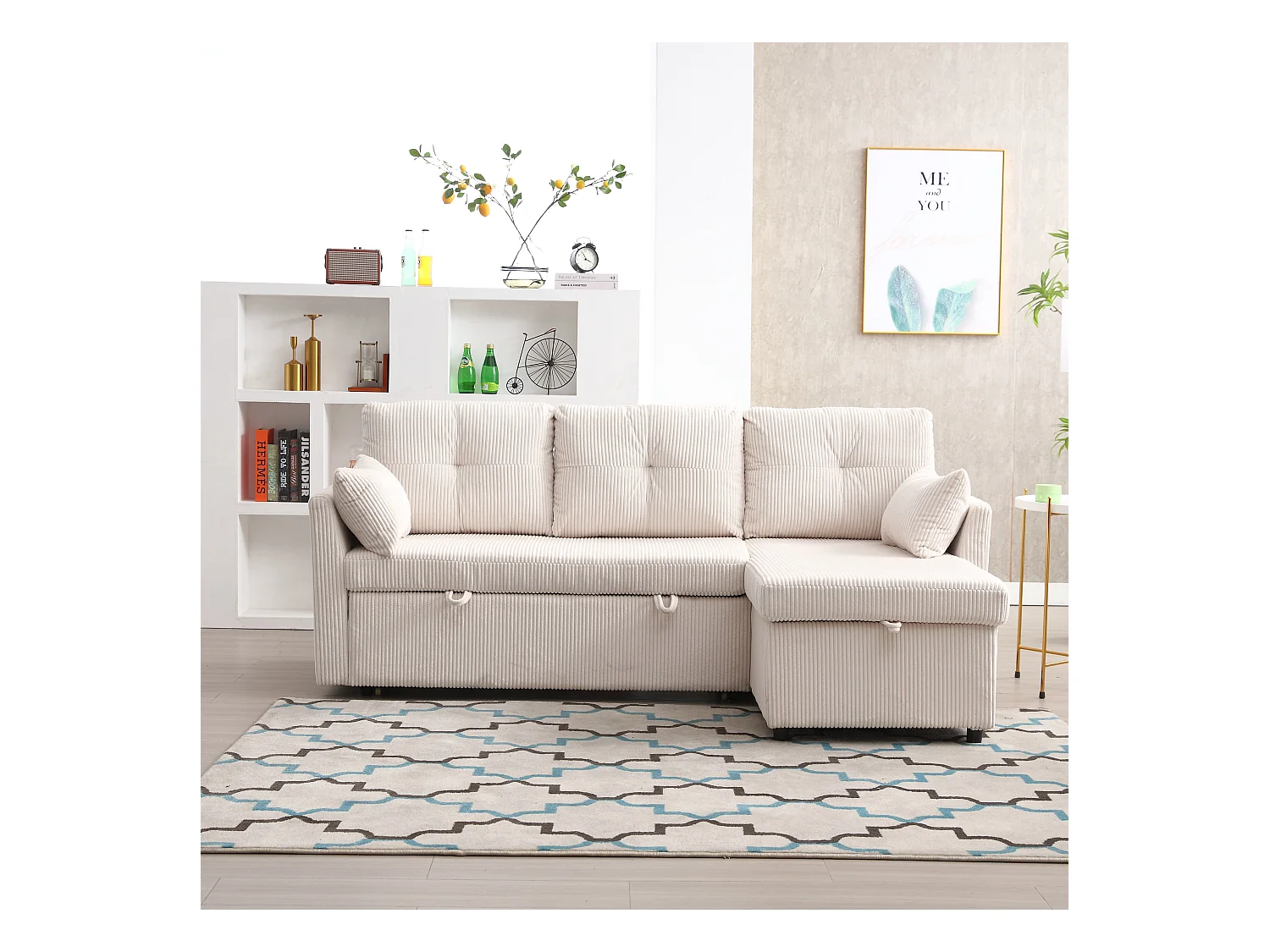 Beige, zachte, omvormbare hoekbank met opbergruimte en uitschuifbare chaise longue - voor woonkamer of studio