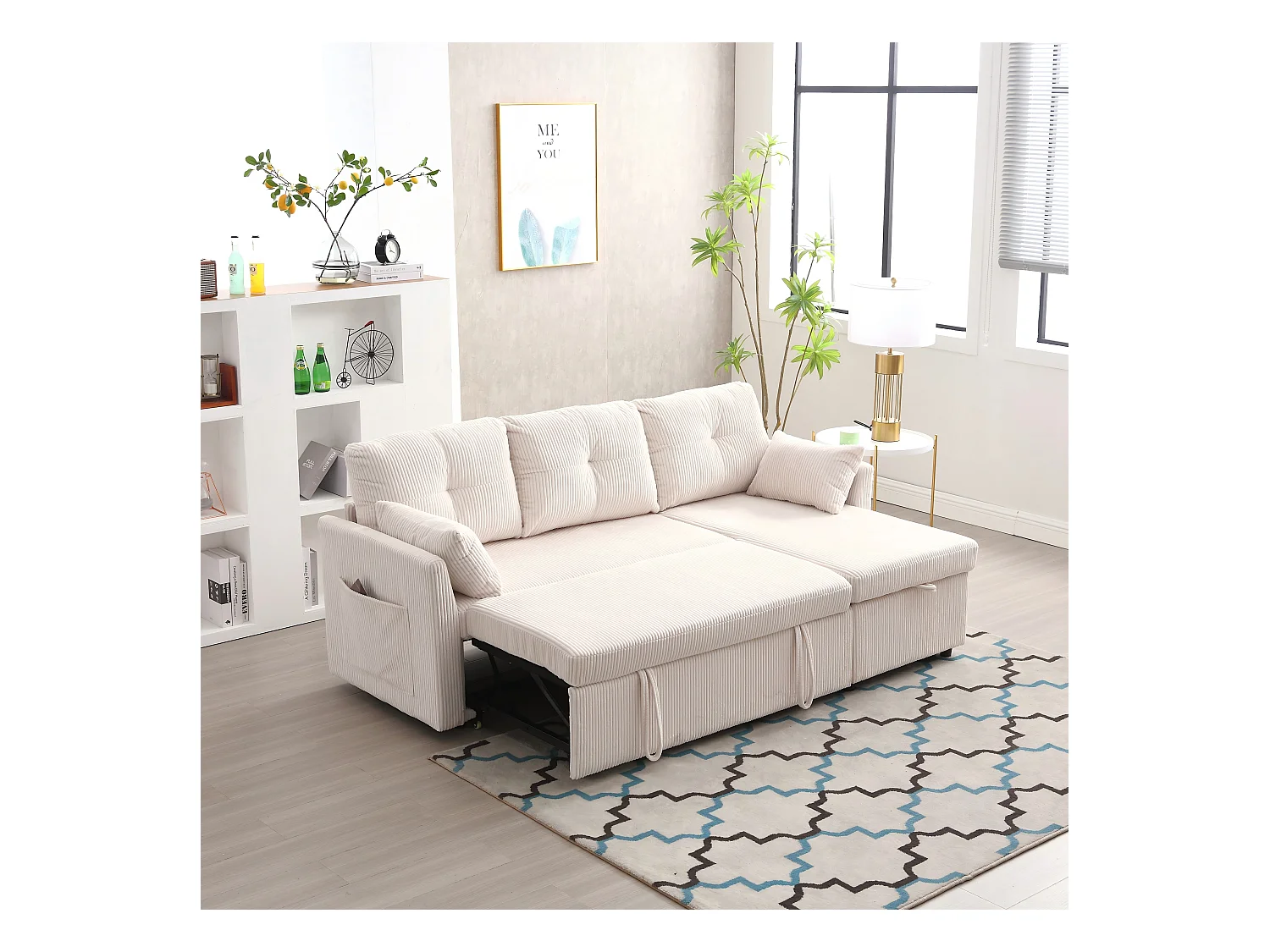 Beige, zachte, omvormbare hoekbank met opbergruimte en uitschuifbare chaise longue - voor woonkamer of studio