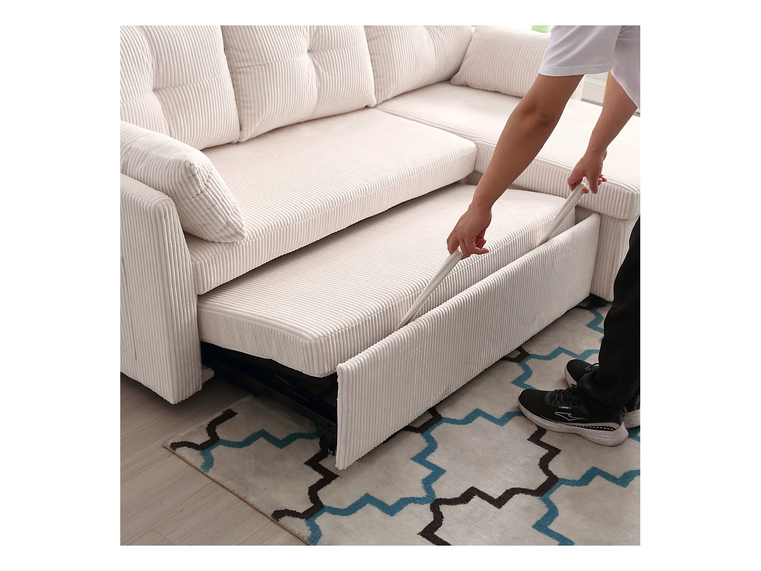 Beige, zachte, omvormbare hoekbank met opbergruimte en uitschuifbare chaise longue - voor woonkamer of studio