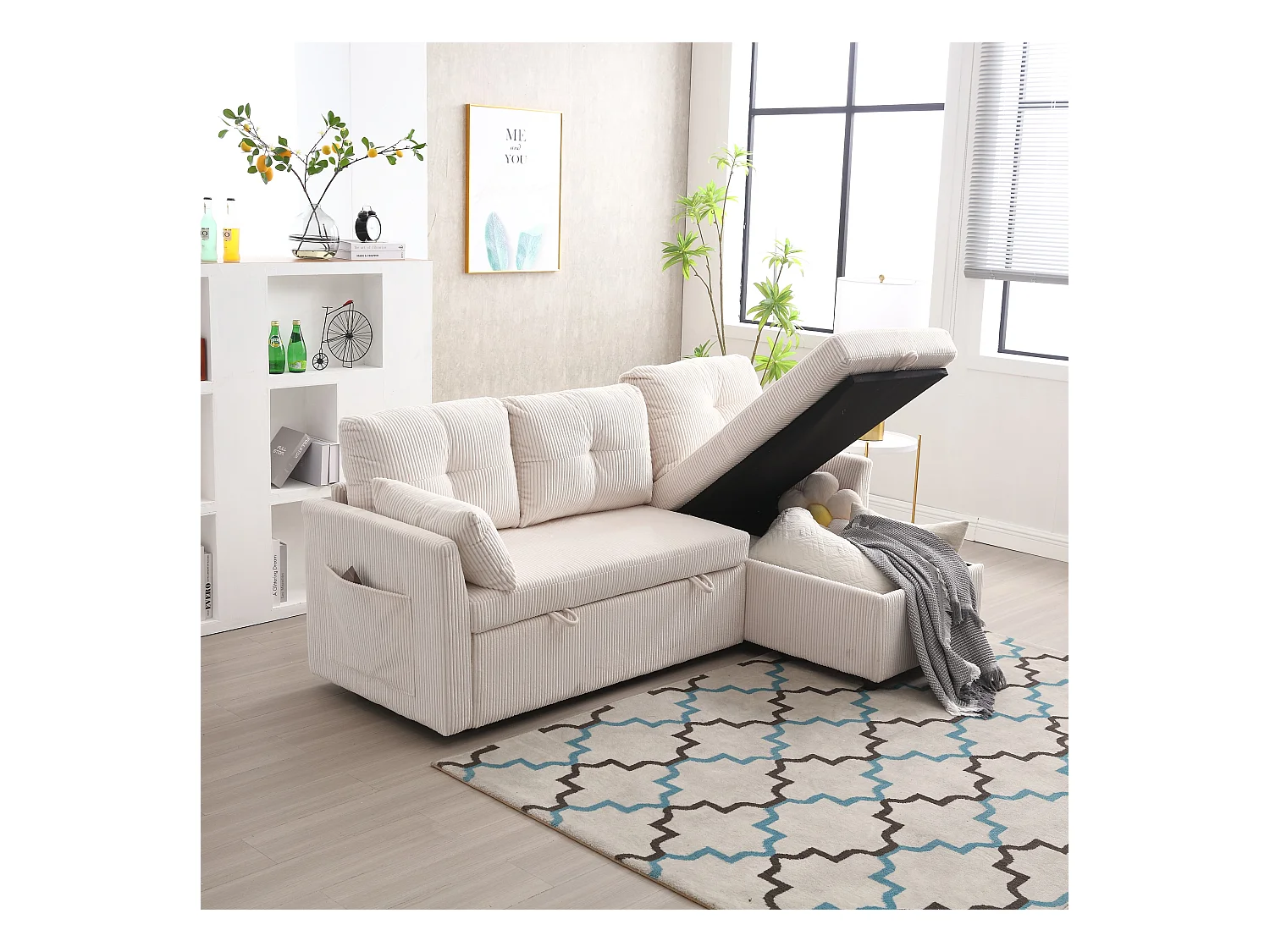 Canapé d'angle convertible, peluche beige, avec rangement et méridienne gigogne - pour salon ou studio