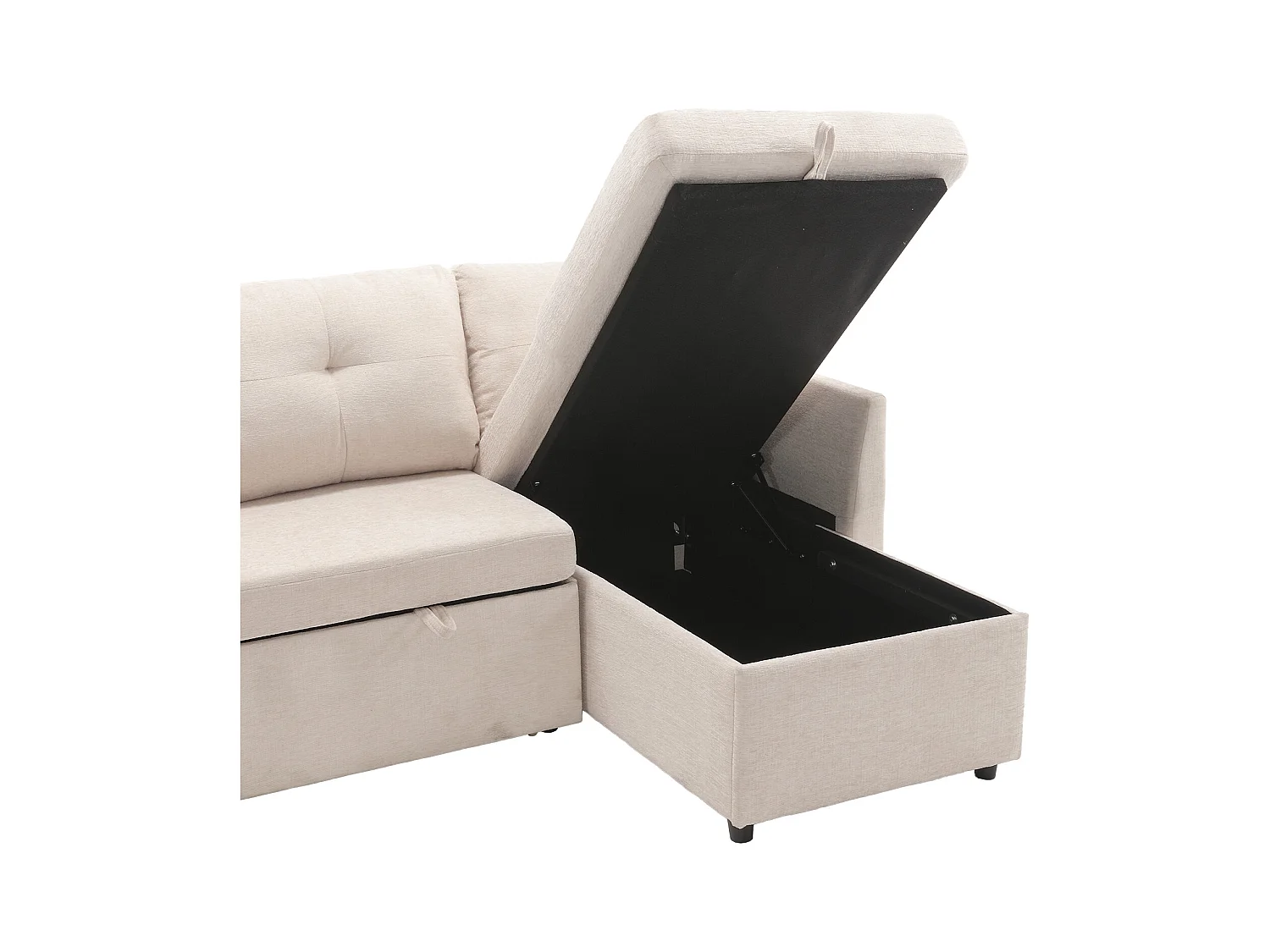 Beżowa, pluszowa, rozkładana sofa narożna z pojemnikiem na pościel i wysuwanym szezlongiem – do salonu lub pracowni