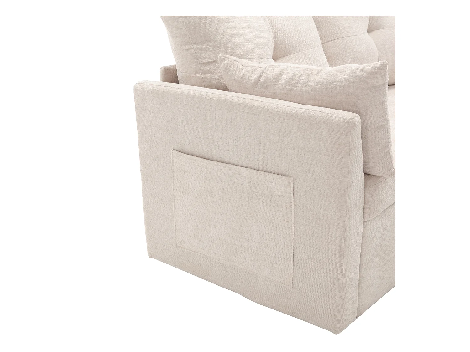 Beżowa, pluszowa, rozkładana sofa narożna z pojemnikiem na pościel i wysuwanym szezlongiem – do salonu lub pracowni