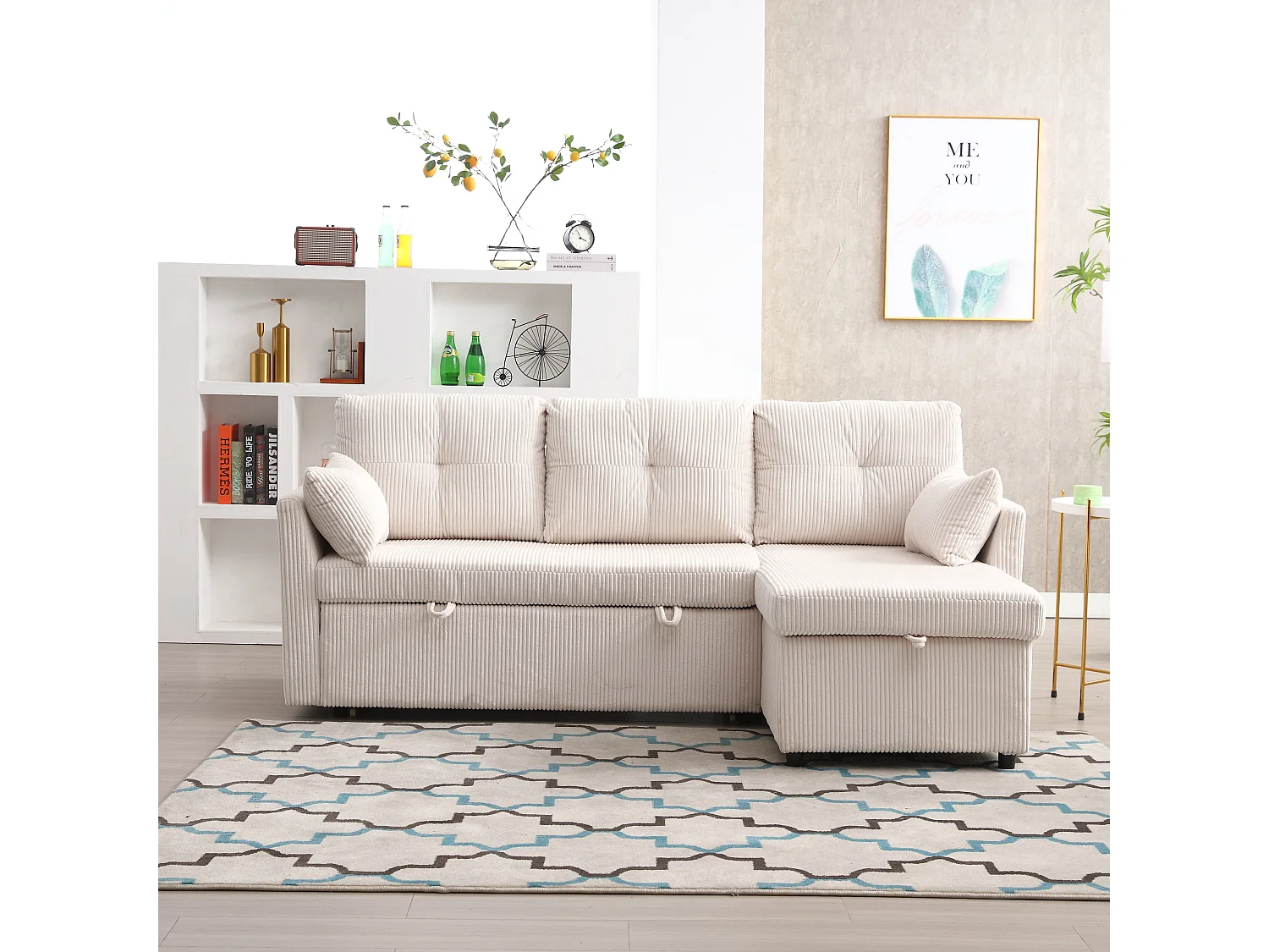 Canapé d'angle convertible, peluche beige, avec rangement et méridienne gigogne - pour salon ou studio