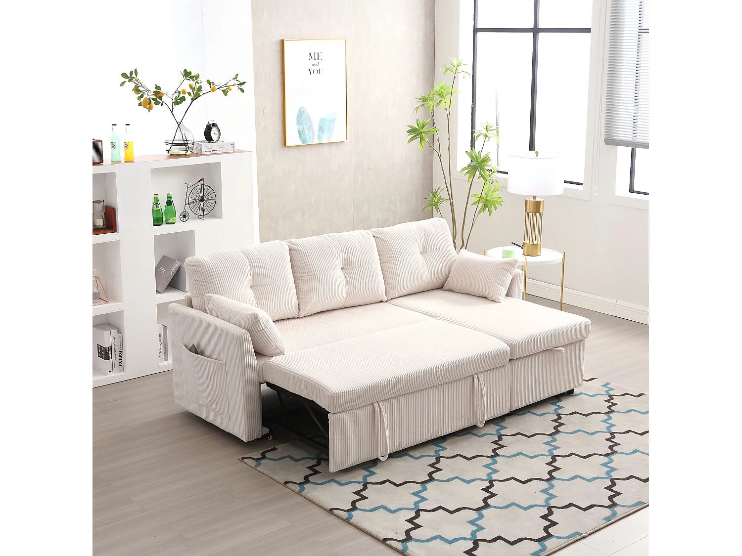 Canapé d'angle convertible, peluche beige, avec rangement et méridienne gigogne - pour salon ou studio