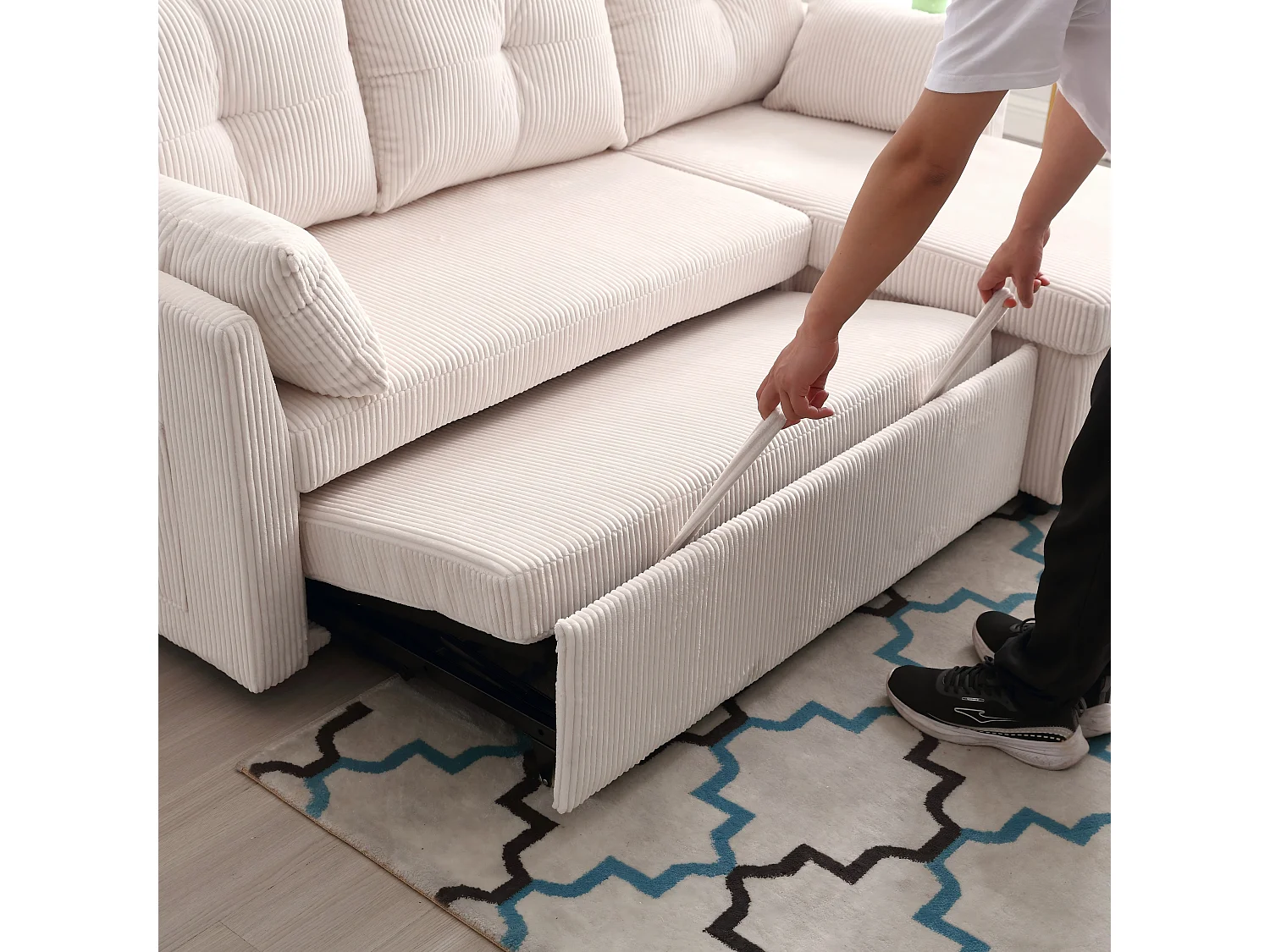 Canapé d'angle convertible, peluche beige, avec rangement et méridienne gigogne - pour salon ou studio