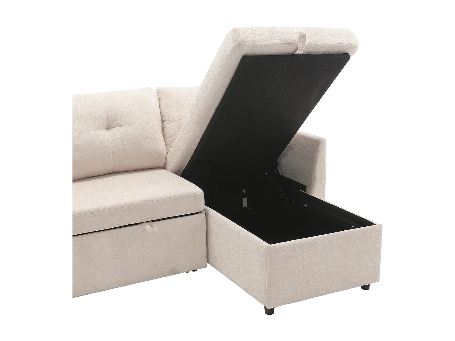 Canapé d'angle convertible, peluche beige, avec rangement et méridienne gigogne - pour salon ou studio