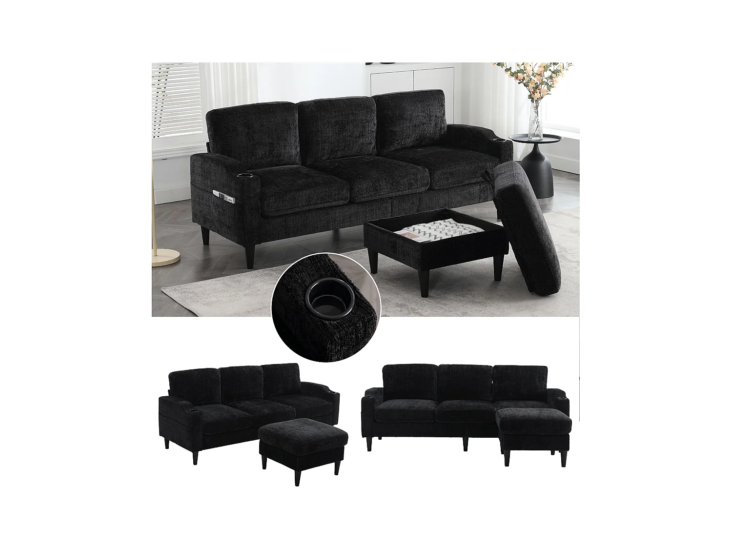 Divano modulare a 4 posti in ciniglia nera con pouf contenitore, portabicchieri e tasche laterali - per soggiorno