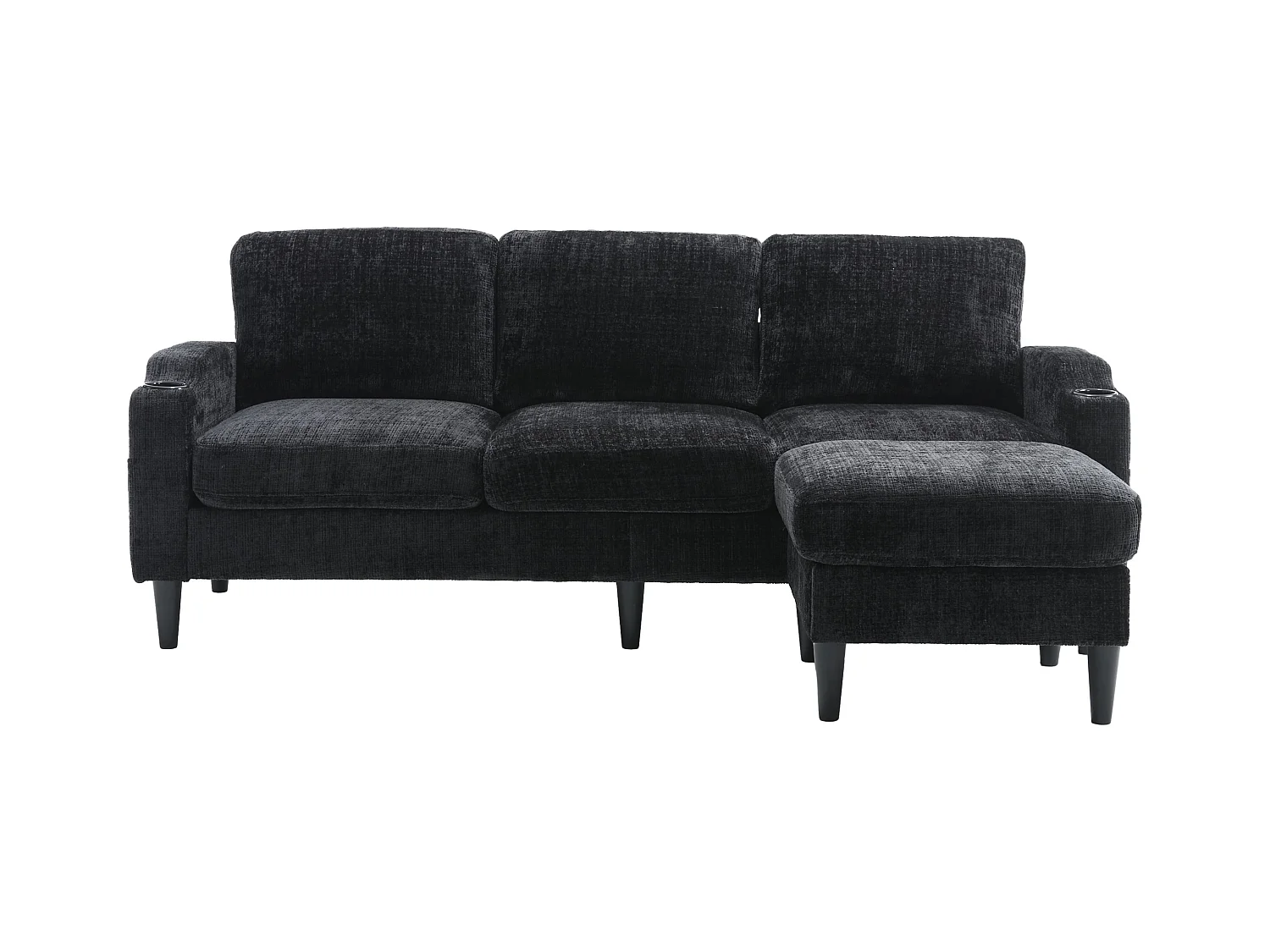 Divano modulare a 4 posti in ciniglia nera con pouf contenitore, portabicchieri e tasche laterali - per soggiorno