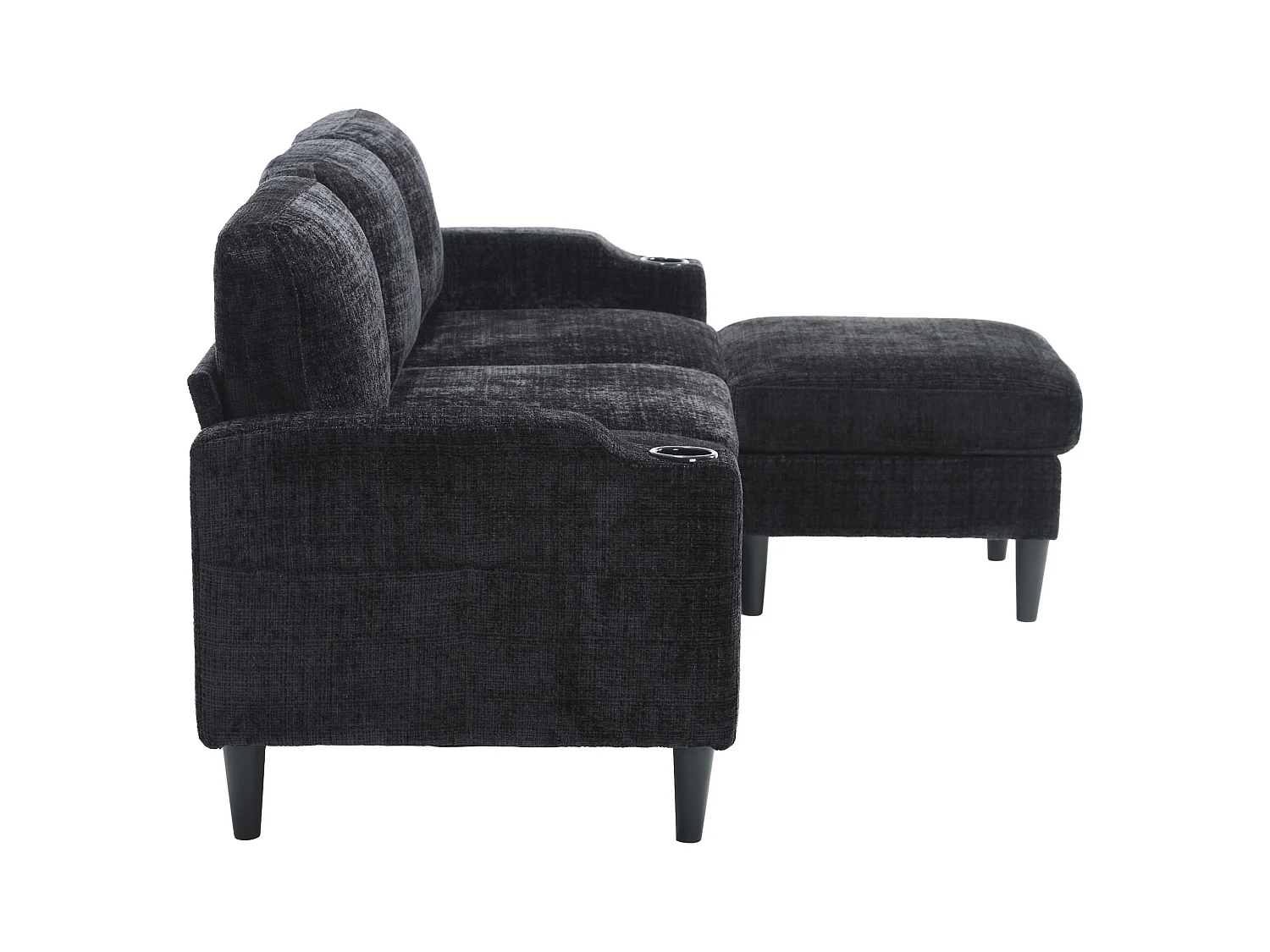 Divano modulare a 4 posti in ciniglia nera con pouf contenitore, portabicchieri e tasche laterali - per soggiorno