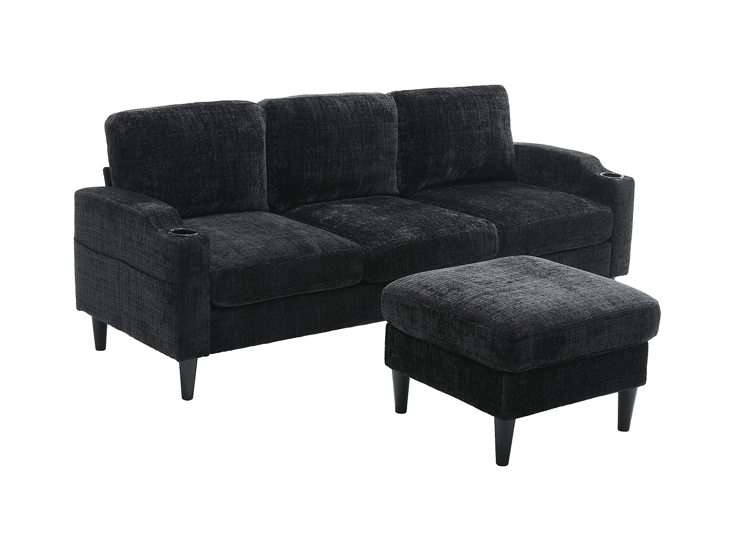 Divano modulare a 4 posti in ciniglia nera con pouf contenitore, portabicchieri e tasche laterali - per soggiorno