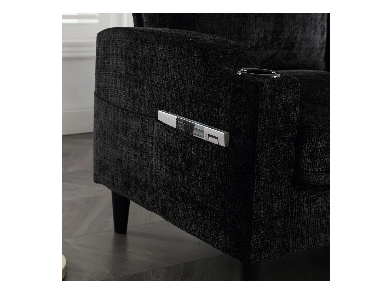 Divano modulare a 4 posti in ciniglia nera con pouf contenitore, portabicchieri e tasche laterali - per soggiorno