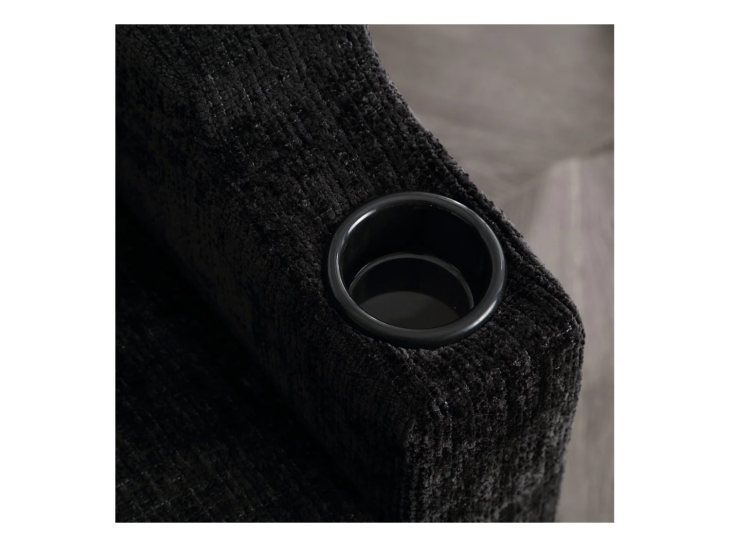 Divano modulare a 4 posti in ciniglia nera con pouf contenitore, portabicchieri e tasche laterali - per soggiorno