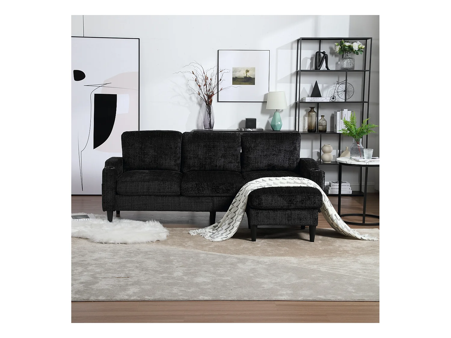 Canapé 4 places modulable, Chenille noir, avec pouf de rangement, porte-gobelets et poches latérales - pour salon