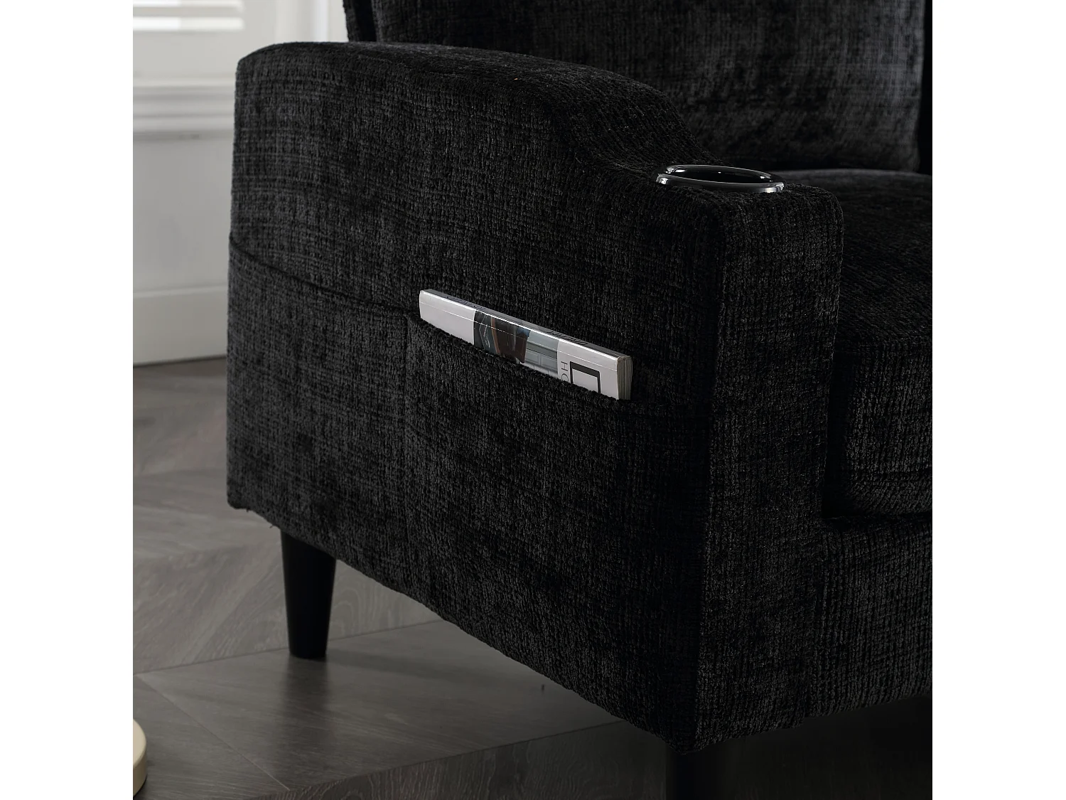 Divano modulare a 4 posti in ciniglia nera con pouf contenitore, portabicchieri e tasche laterali - per soggiorno