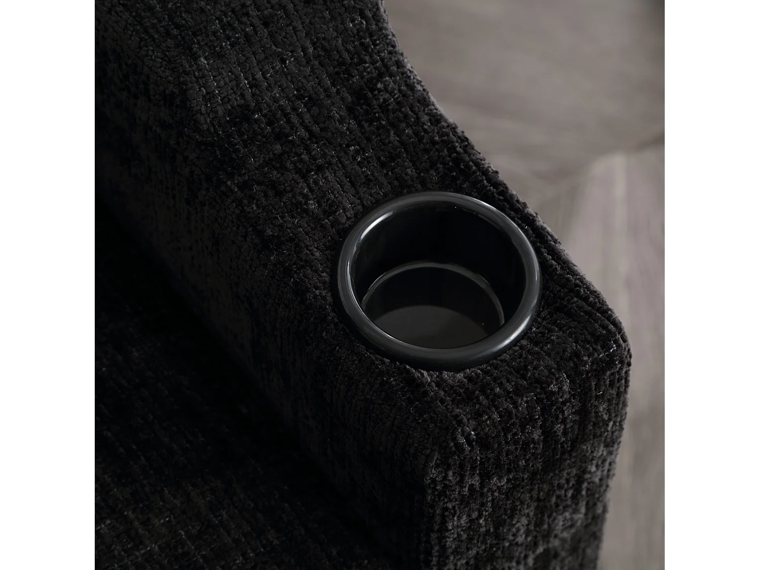 Divano modulare a 4 posti in ciniglia nera con pouf contenitore, portabicchieri e tasche laterali - per soggiorno