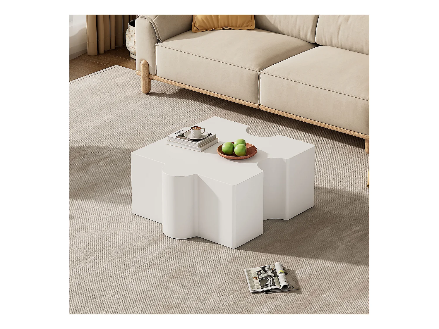 Table basse puzzle blanche 65x65x32 cm, structure MDF, rangement ouvert - pour salon ou chambre