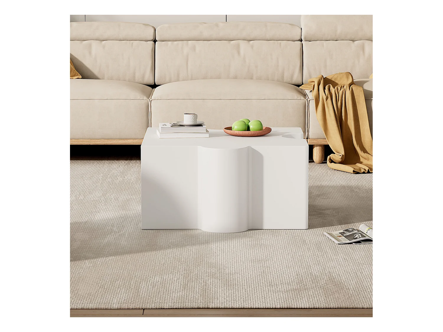 Table basse puzzle blanche 65x65x32 cm, structure MDF, rangement ouvert - pour salon ou chambre