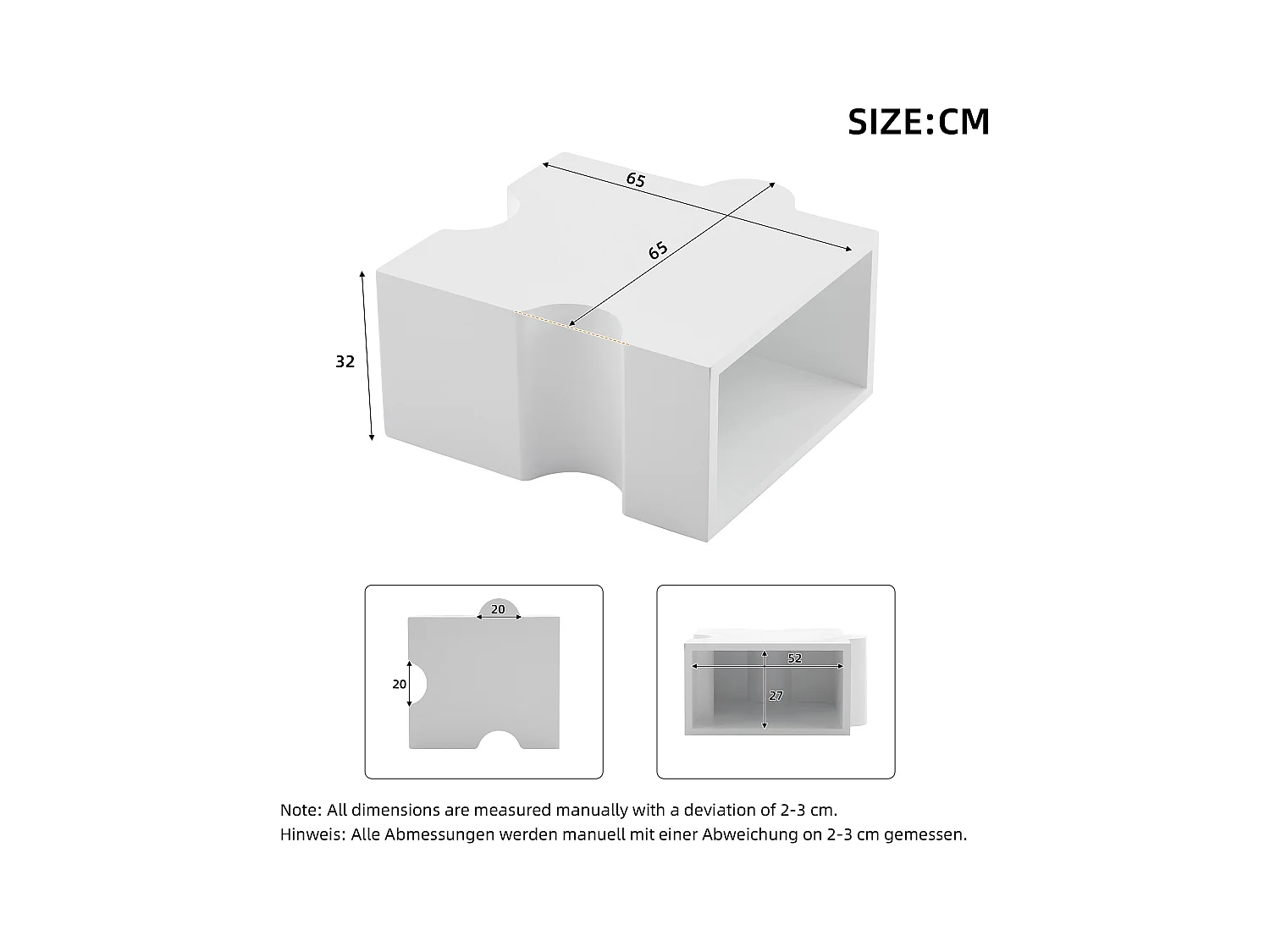 Table basse puzzle blanche 65x65x32 cm, structure MDF, rangement ouvert - pour salon ou chambre
