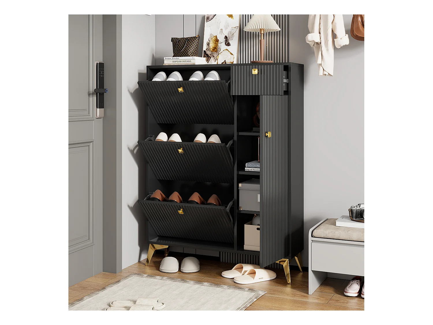 Meuble à chaussures noir avec 3 abattants, 1 tiroir et 1 porte, style moderne - pour entrée ou salon