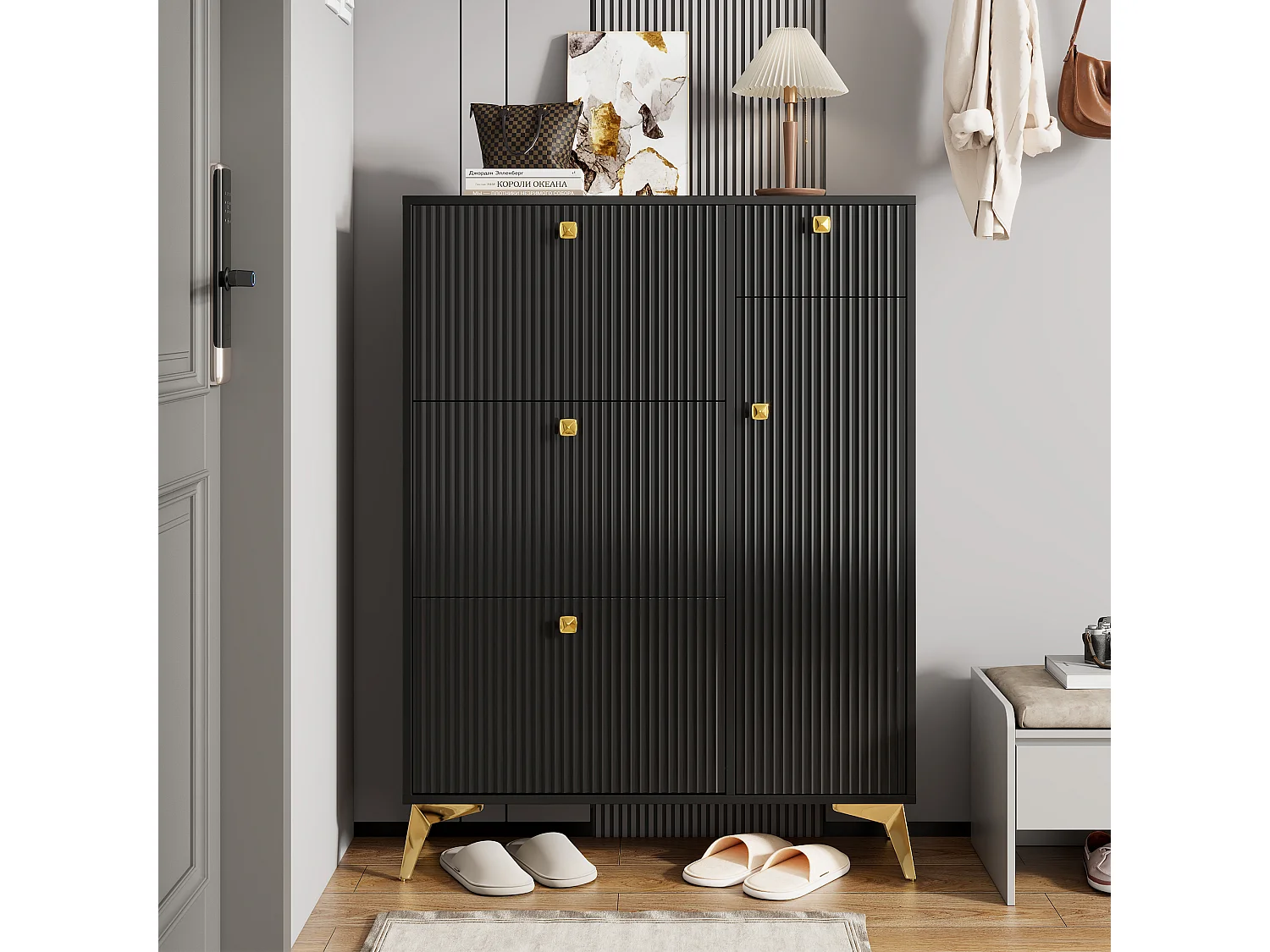 Zwarte schoenenkast met 3 kleppen, 1 lade en 1 deur, moderne stijl - voor hal of woonkamer