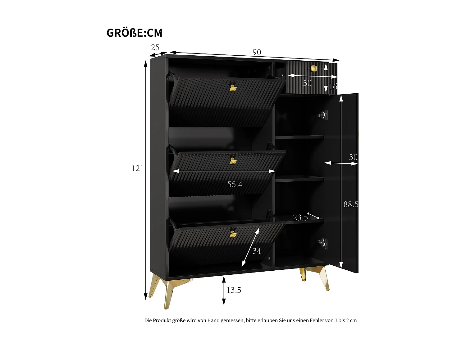 Zwarte schoenenkast met 3 kleppen, 1 lade en 1 deur, moderne stijl - voor hal of woonkamer