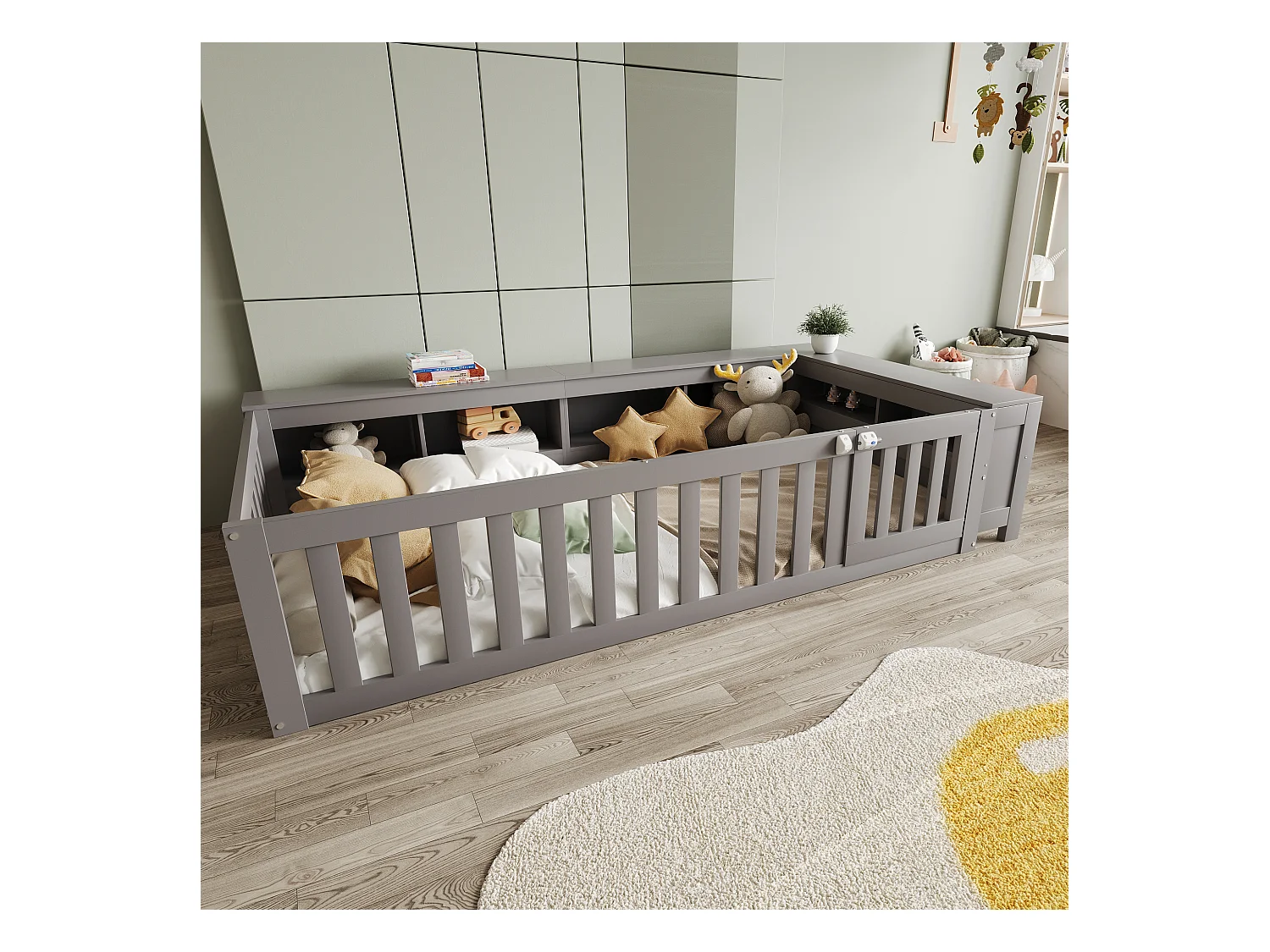 Lit enfant 90x200 cm avec compartiment de rangement, barrières de sécurité et porte, gris - sans matelas