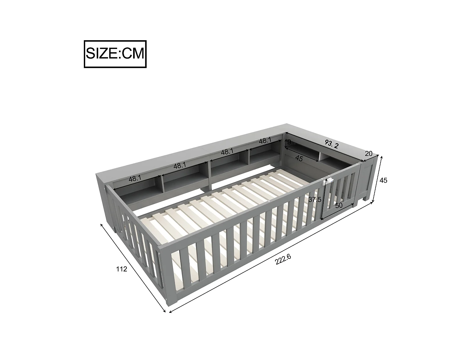Lit enfant 90x200 cm avec compartiment de rangement, barrières de sécurité et porte, gris - sans matelas