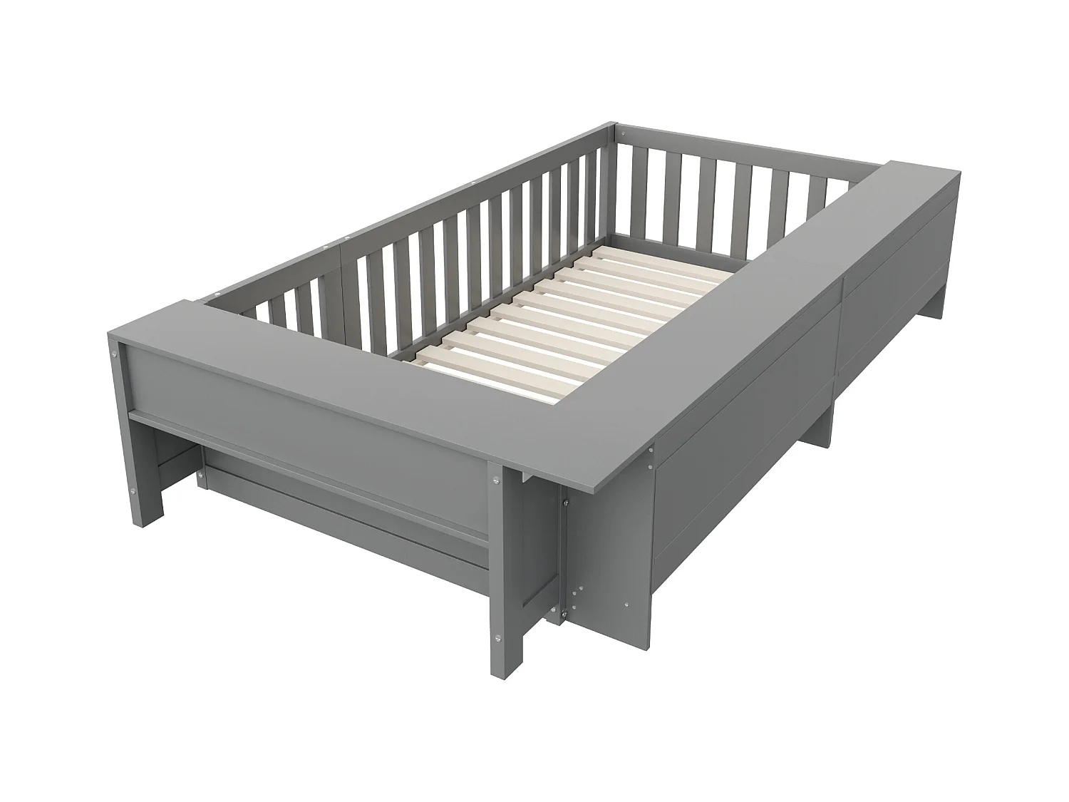 Lit enfant 90x200 cm avec compartiment de rangement, barrières de sécurité et porte, gris - sans matelas